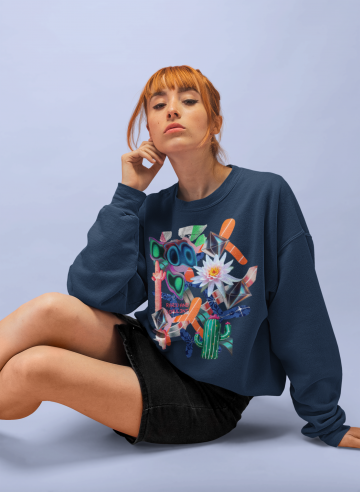 RARE AND OPULENT Referenz-Bild Baggy Sweatshirt Mockup Of A Girl With Red Hair Bangs Sitting Seducti