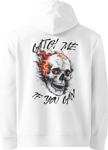 Artful Print Apparel weißer Hoodie mit stilisiertem Totenkopf auf der Rückseite, Schrift: catch me