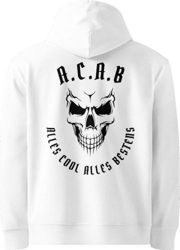 Artful Print Apparel weißer Hoodie mit stilisiertem Totenkopf auf der Rückseite, Text: Alles Cool